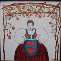 Il costume femminile desulese è stato il più riprodotto artisticamente tra quelli sardi: ecco un esempio realizzato da un non meglio noto/a "E. Amadu" su maiolica negli Anni Trenta
